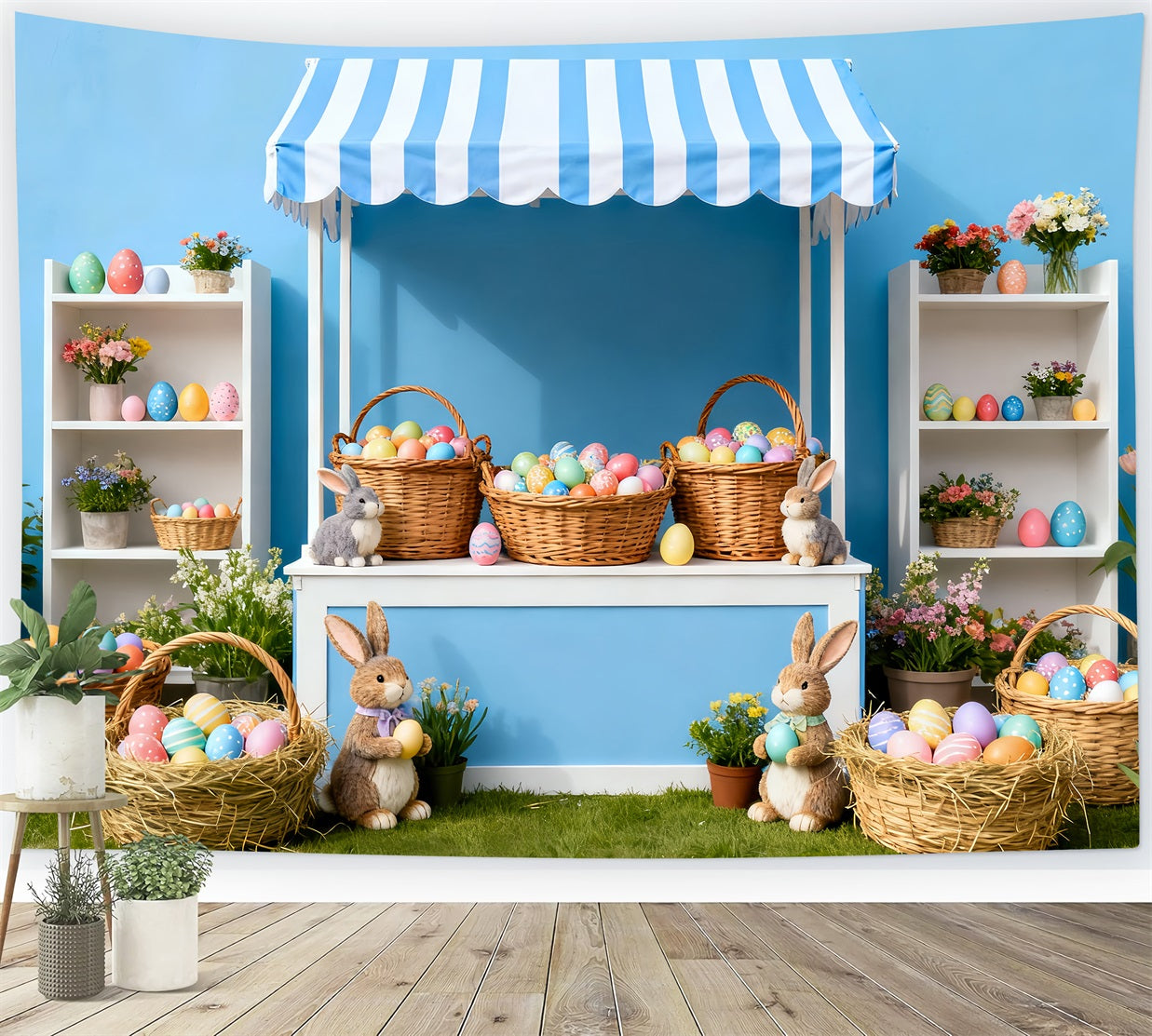 Easter Photo Backdrop Blue Stripe Egg Market Bunny Backdrop LXX512-117