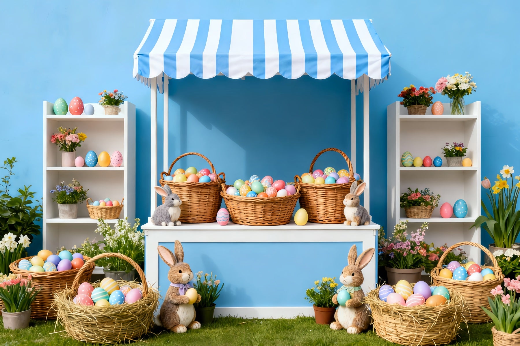 Easter Photo Backdrop Blue Stripe Egg Market Bunny Backdrop LXX512-117