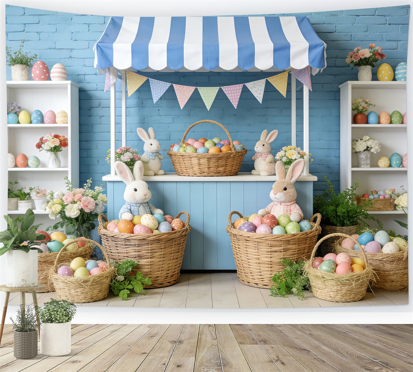 Bunny Backdrop Blue Stripe Market Stall Easter Photo Backdrop LXX512-118