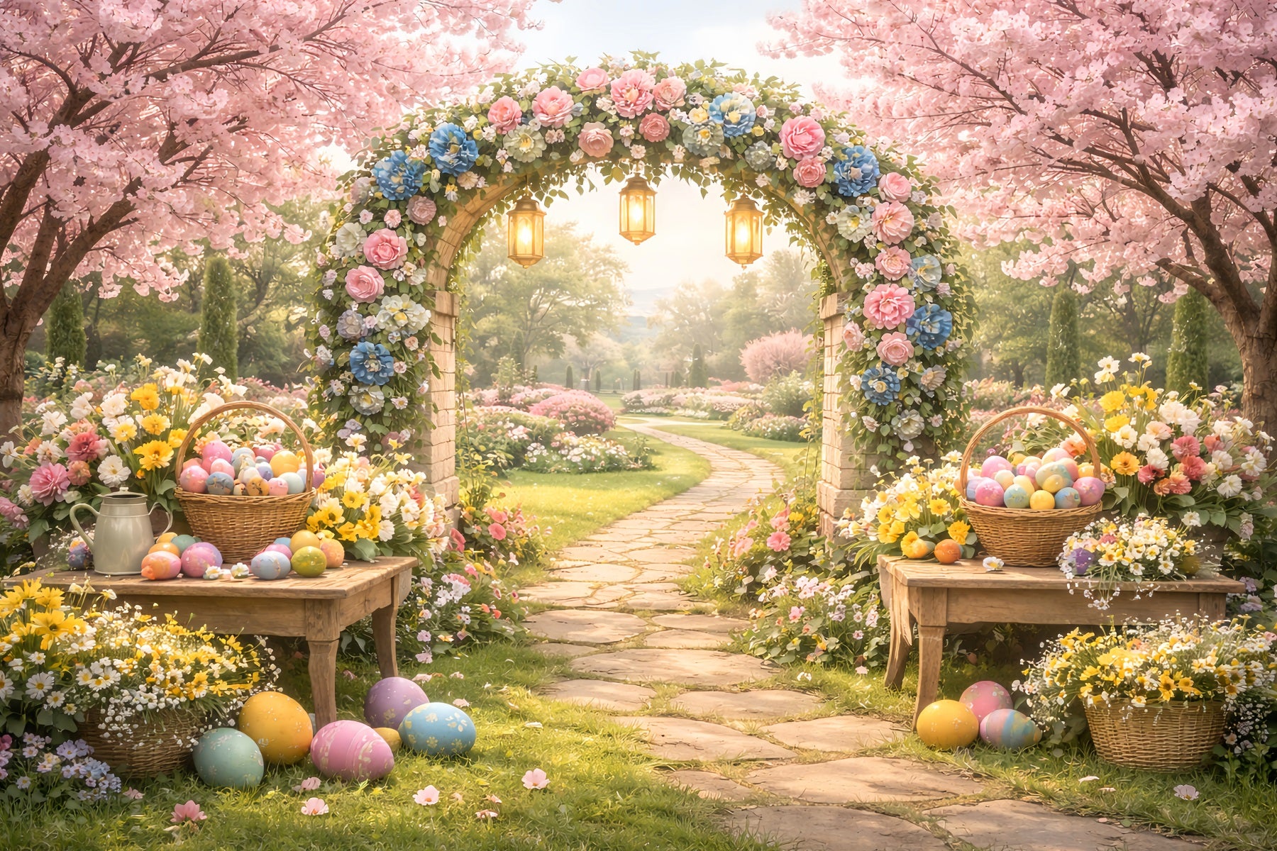 Easter Flower Backdrop Blooming Garden Floral Egg Arch Easter Backdrop Ideas LXX512-119