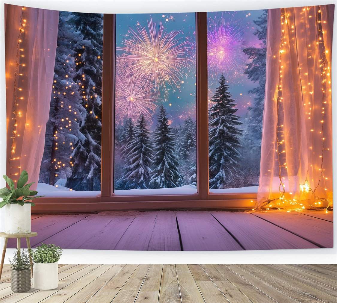 New Year Backdrop Cozy Winter Window Fireworks New Year's Eve Backdrop LXX512-12