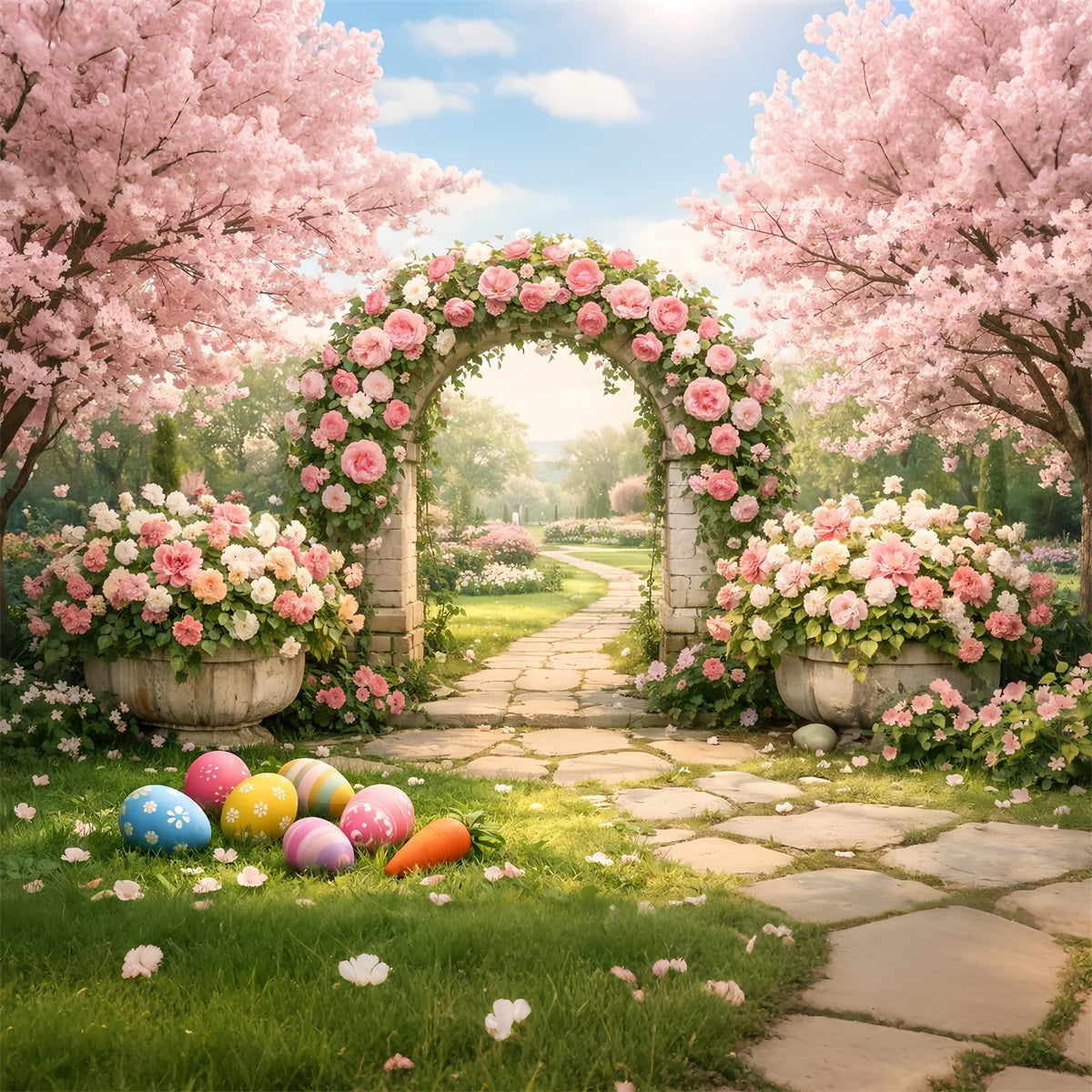 Easter Egg Hunt Backdrop Blossom Rose Garden Archway Easter Backdrop LXX512-122