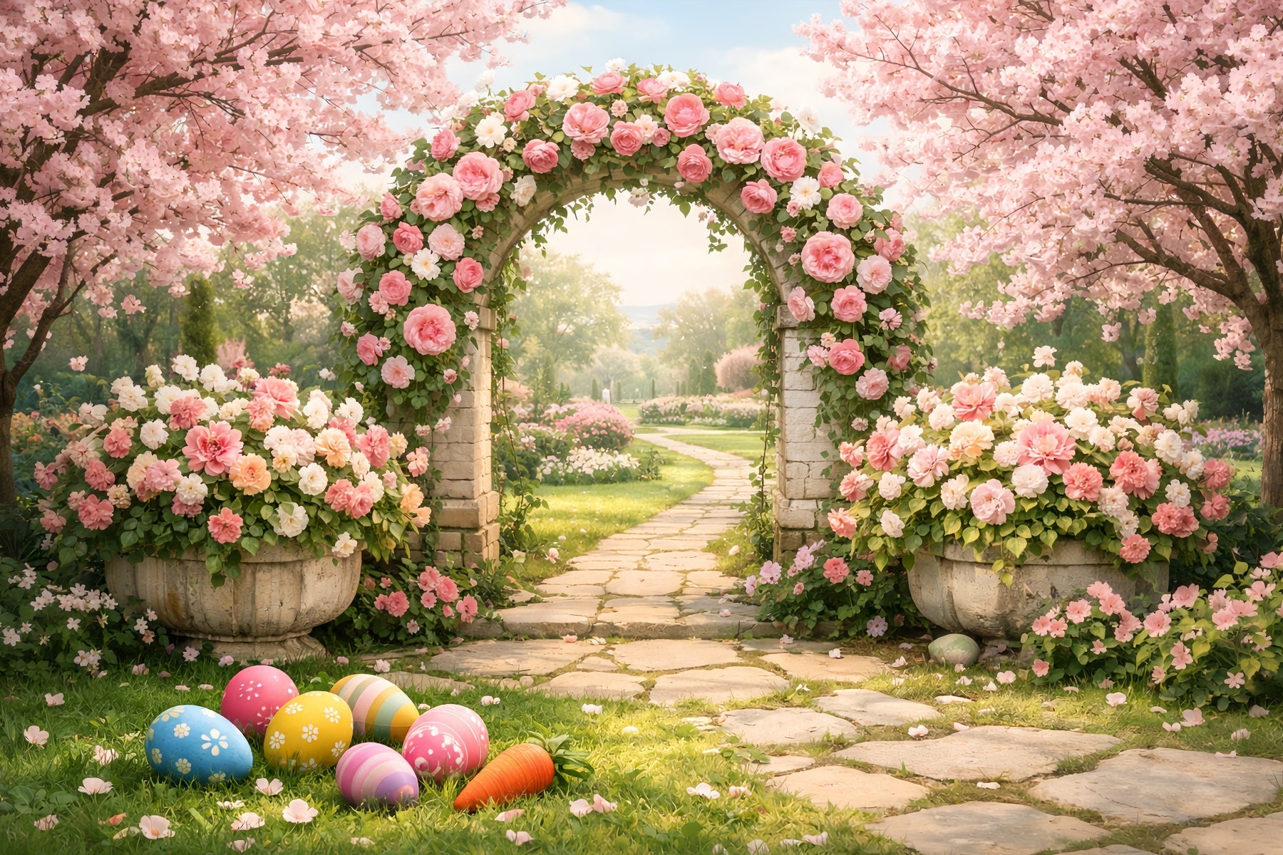 Easter Egg Hunt Backdrop Blossom Rose Garden Archway Easter Backdrop LXX512-122
