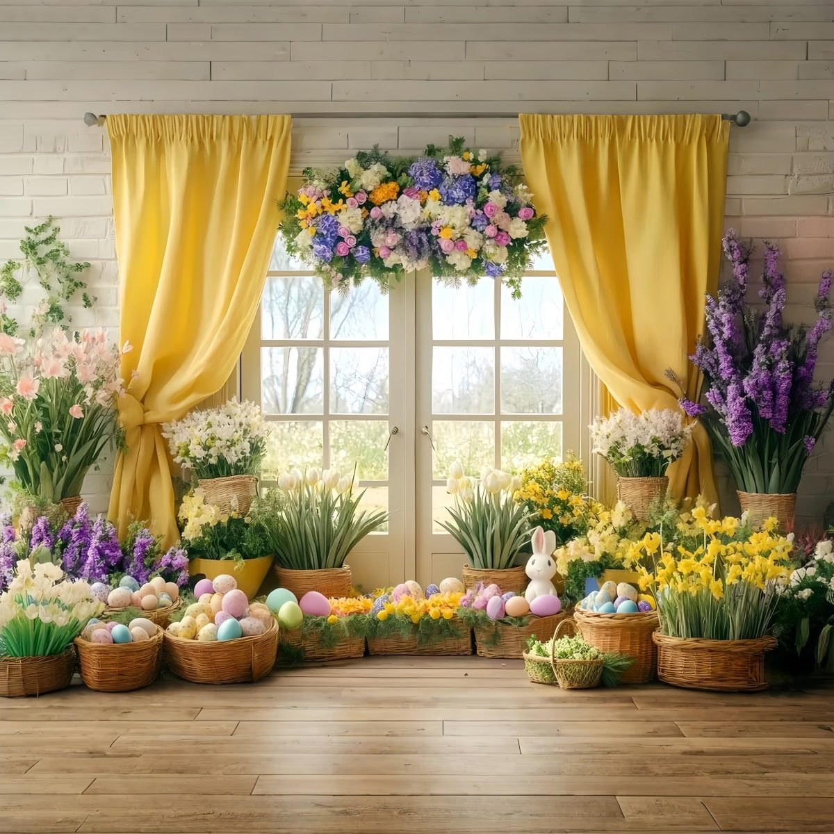 Easter Lily Backdrop Sunlit Yellow Curtain Flower Easter Egg Backdrop LXX512-125