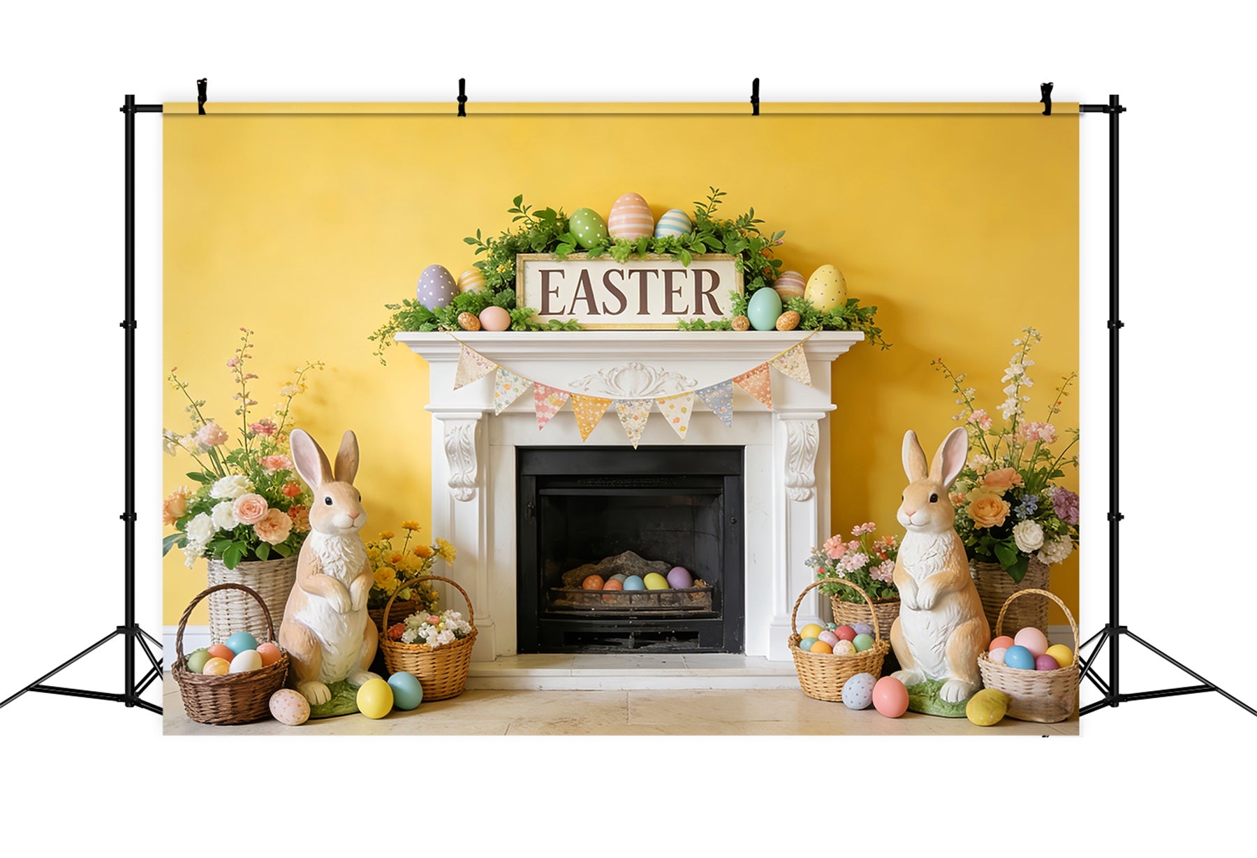 Easter Bunny Backdrop Fireplace Flower Bunting Flags Easter Egg Backdrop LXX512-127
