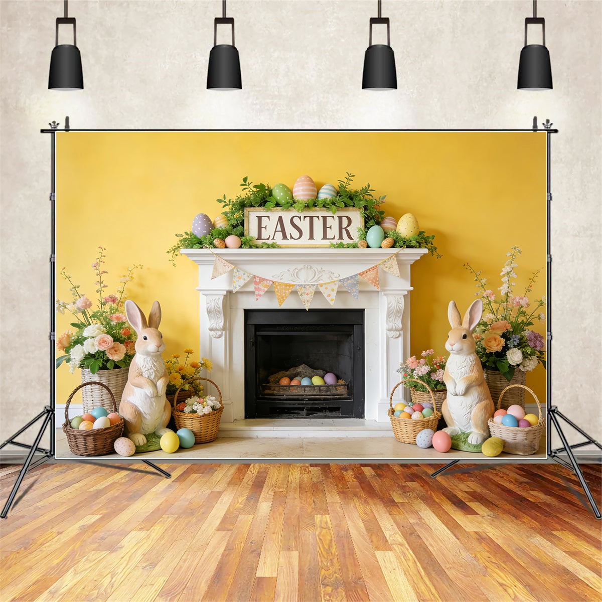 Easter Bunny Backdrop Fireplace Flower Bunting Flags Easter Egg Backdrop LXX512-127