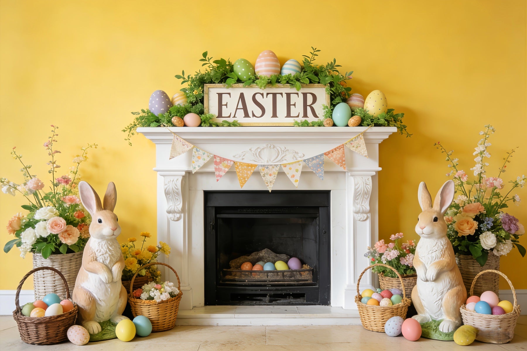Easter Bunny Backdrop Fireplace Flower Bunting Flags Easter Egg Backdrop LXX512-127