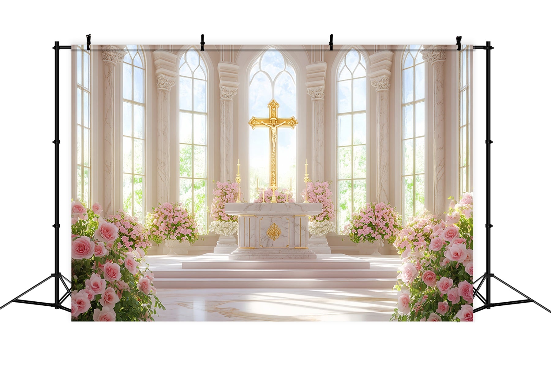 Church Easter Backdrop Golden Cross Floral Cathedral Religious Easter Backdrops LXX512-128