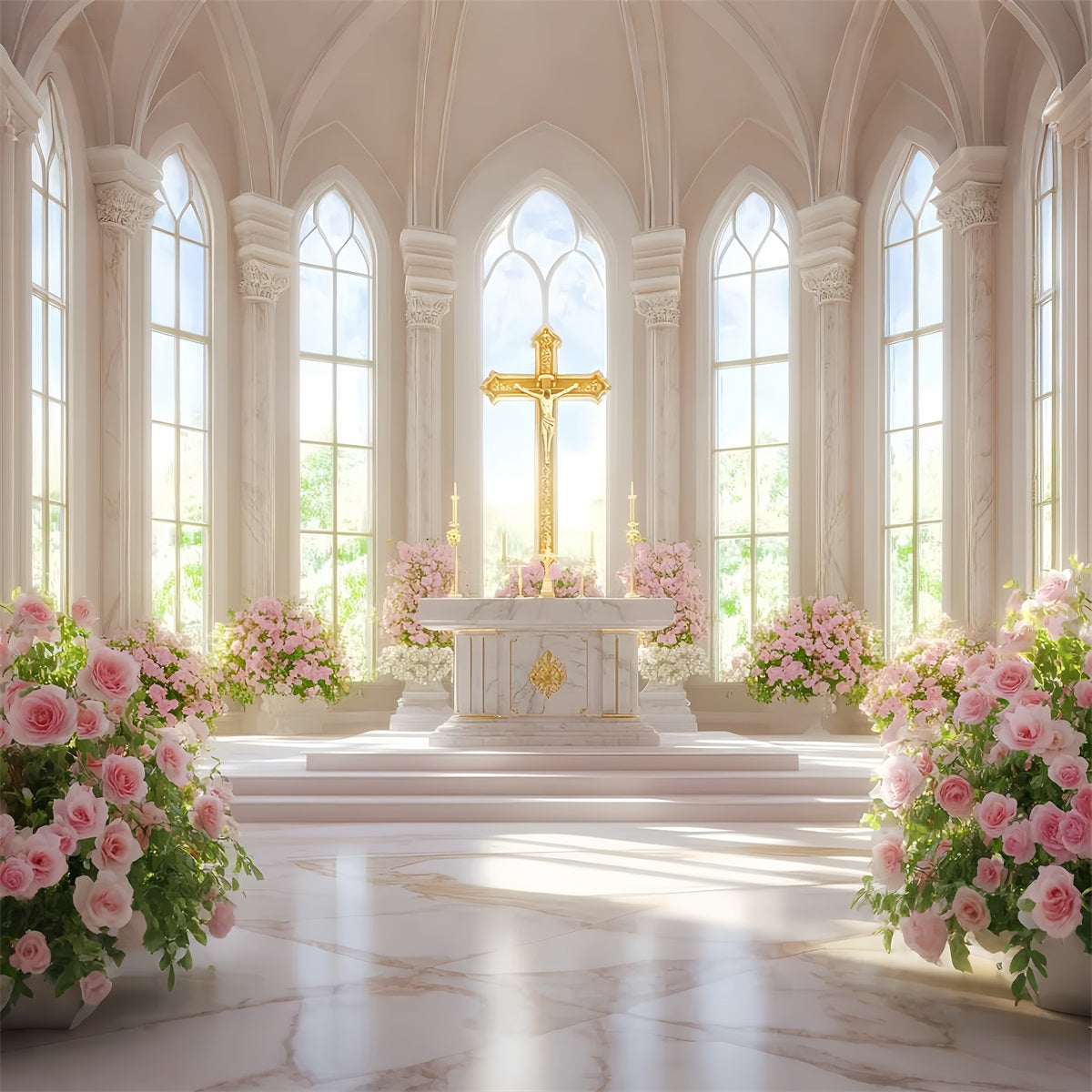 Church Easter Backdrop Golden Cross Floral Cathedral Religious Easter Backdrops LXX512-128