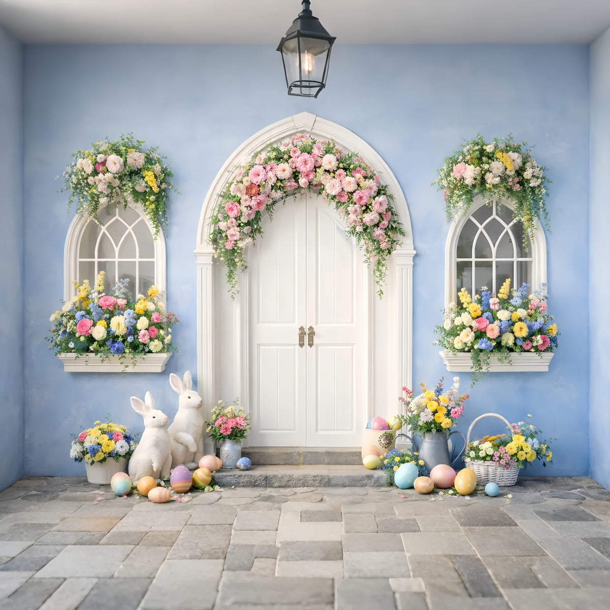 Easter Photo Backdrop Blue Arch Floral Bunny Doorway Easter Egg Backdrop LXX512-129