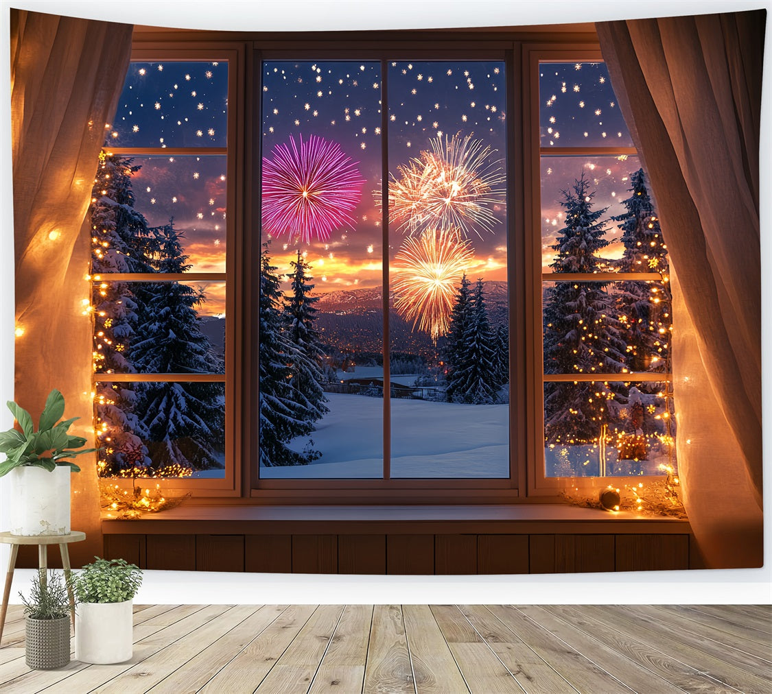 New Years Photo Backdrop Winter Snowy Window Forest Firework Backdrop LXX512-13
