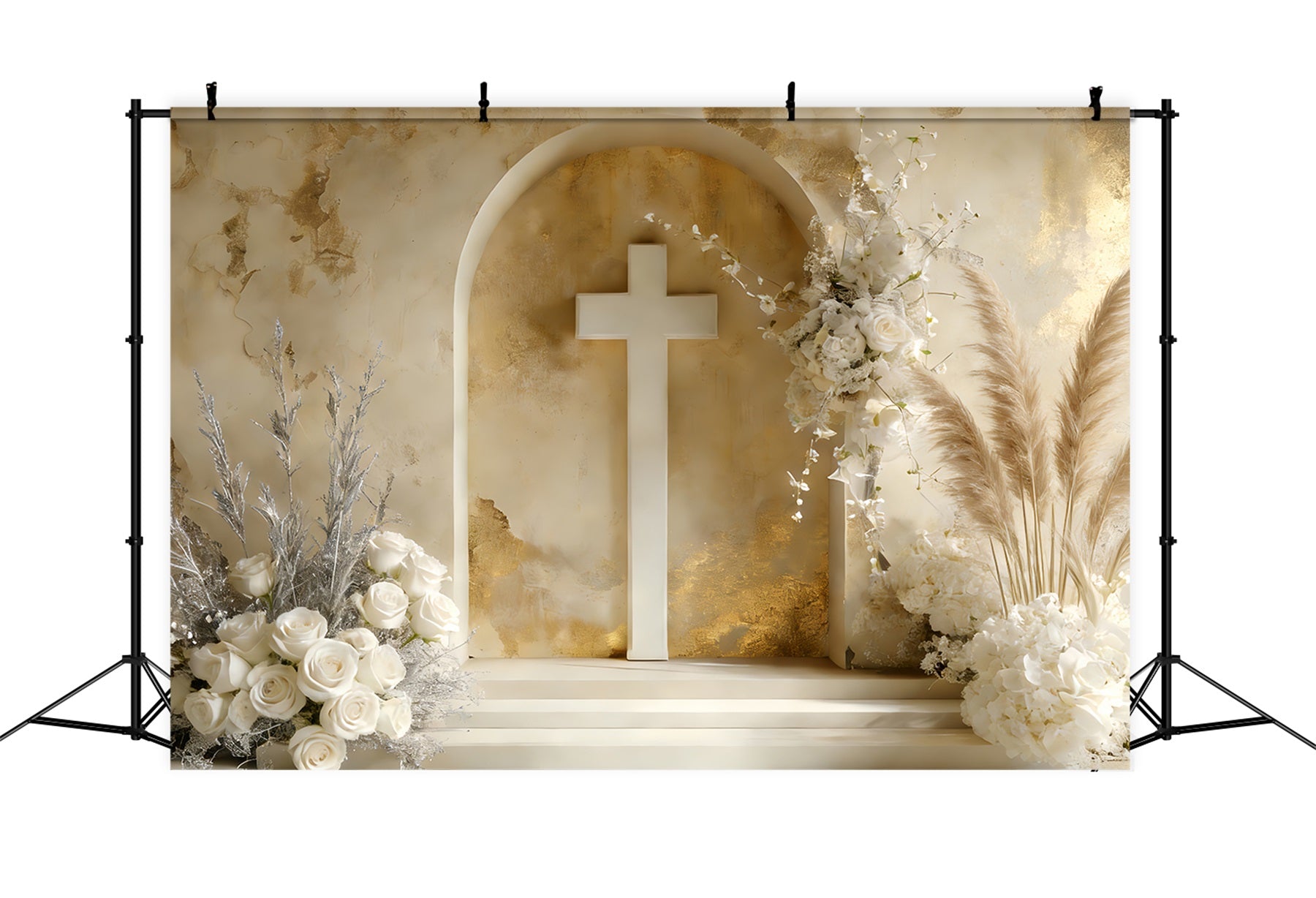 Cross Backdrop Boho Style Floral Altar Rustic Easter Backdrop LXX512-130
