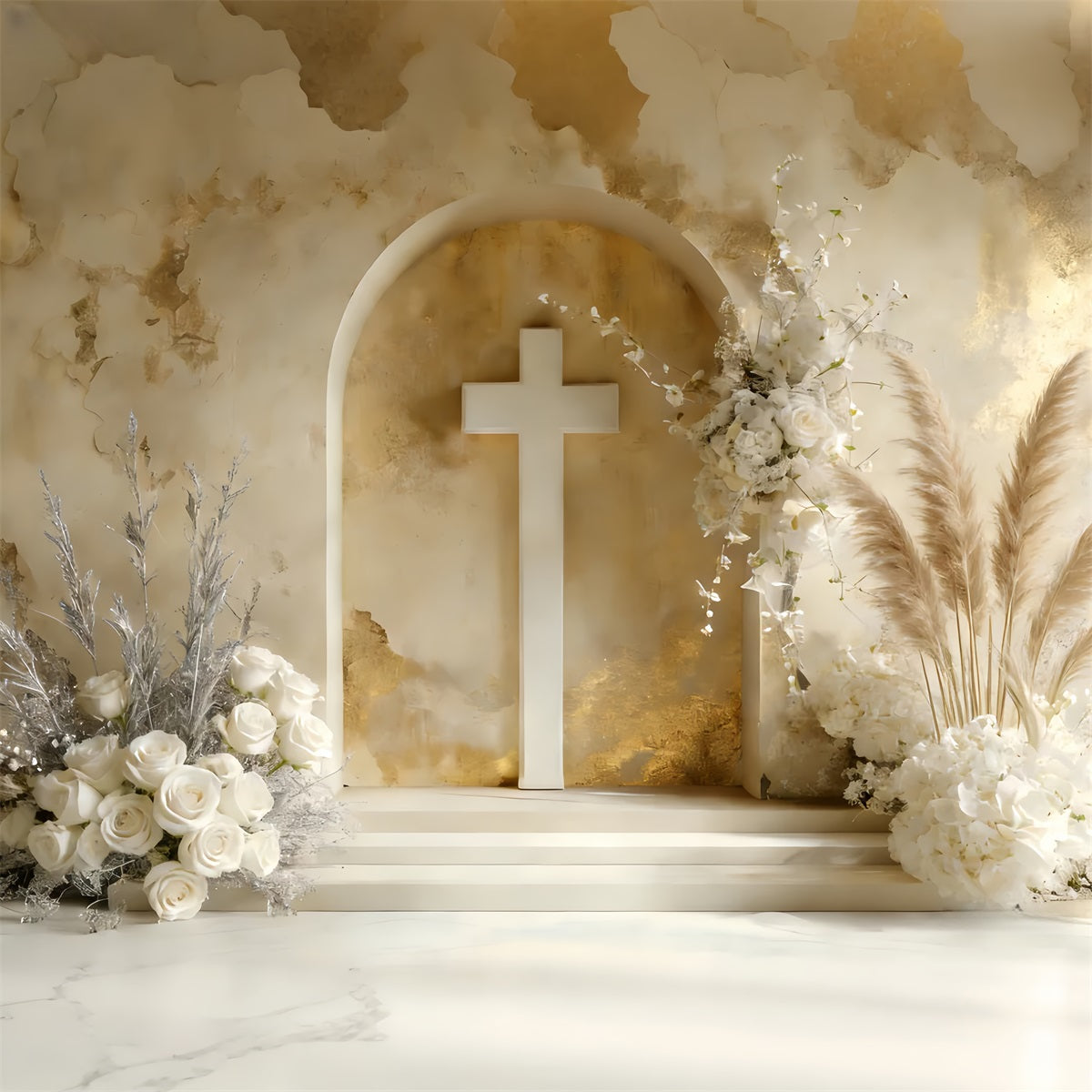 Cross Backdrop Boho Style Floral Altar Rustic Easter Backdrop LXX512-130