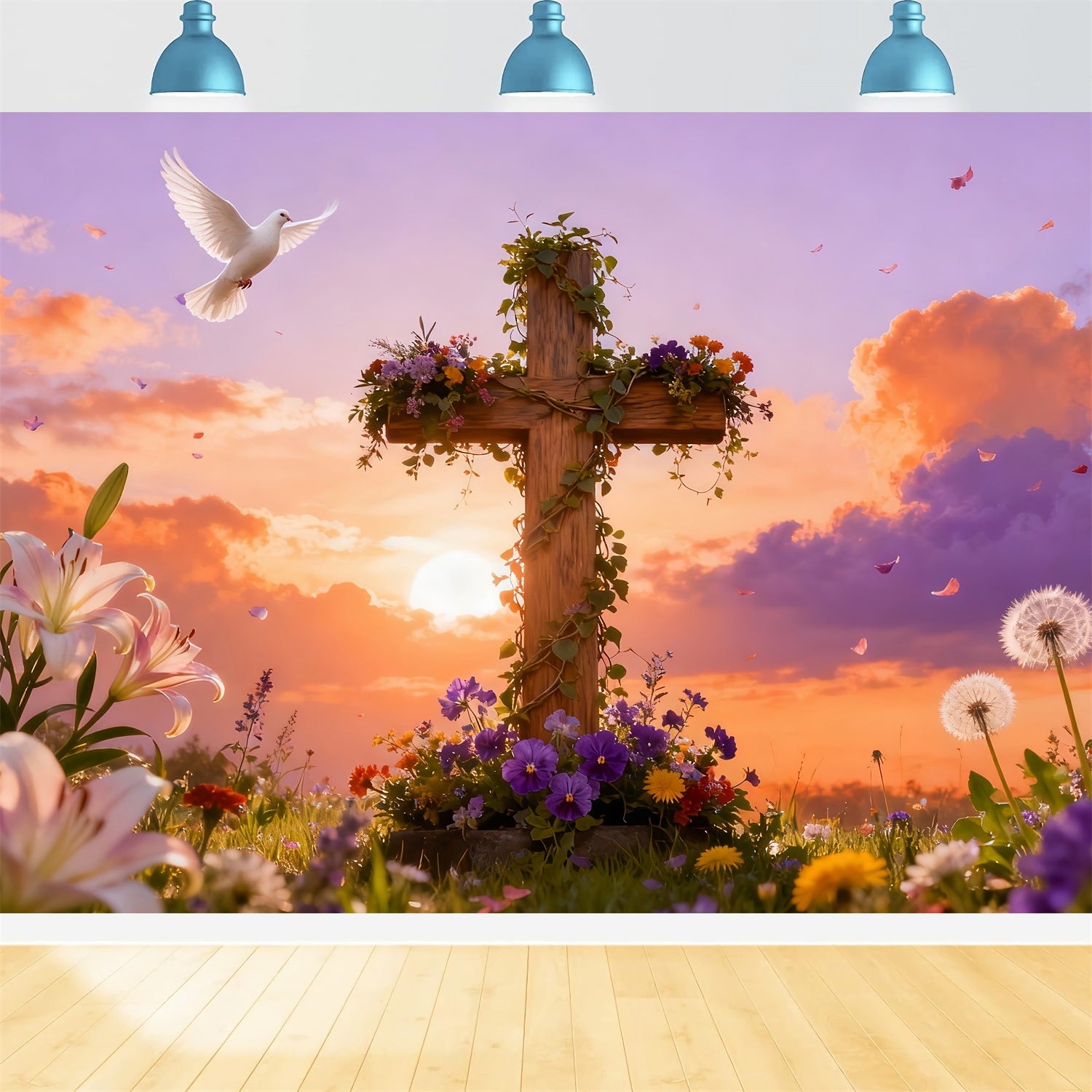 Cross Backdrop Resurrection Songbirds Sunrise Meadow Easter Church Photo Backdrop LXX512-132