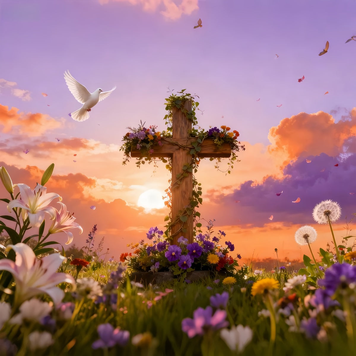 Cross Backdrop Resurrection Songbirds Sunrise Meadow Easter Church Photo Backdrop LXX512-132