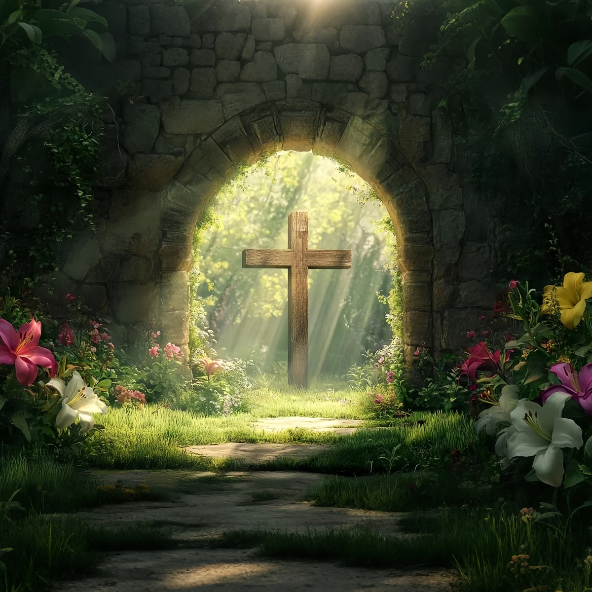 Cross Backdrop Forest Sacred Stone Arch Easter Photo Backdrop LXX512-134