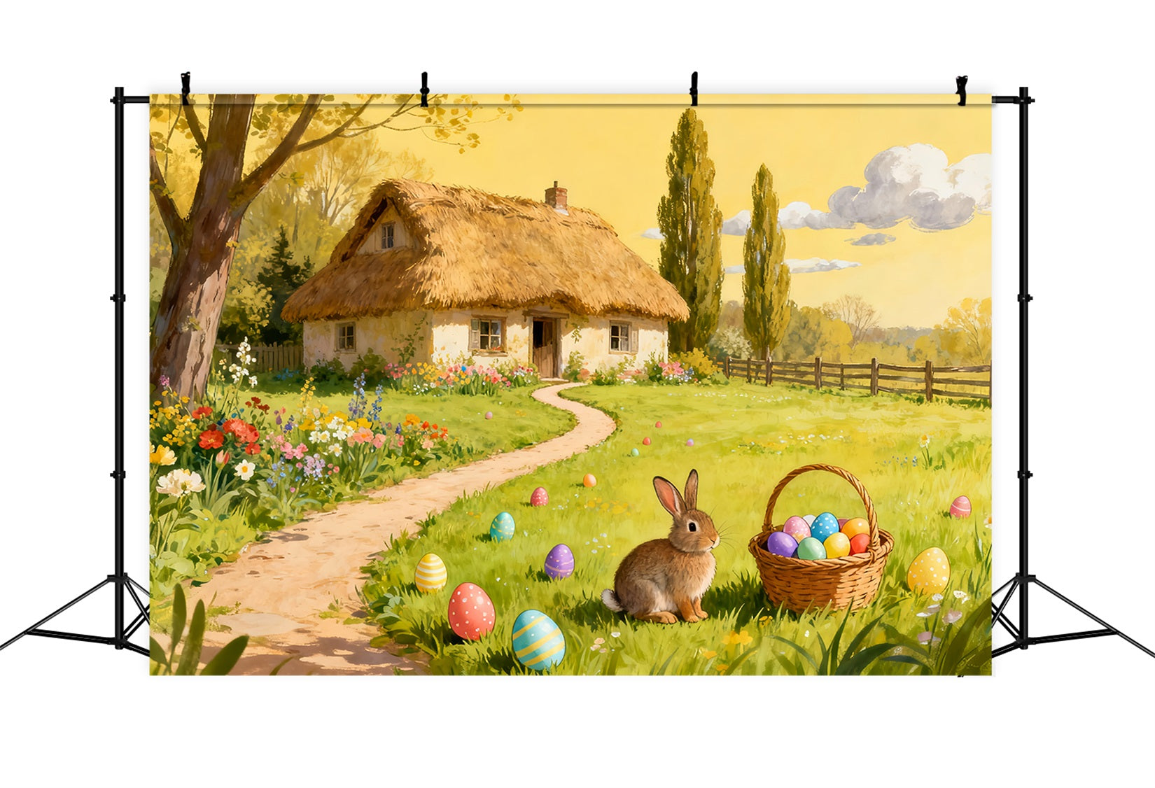 Easter Egg Hunt Backdrop Watercolor Countryside Cottage Garden Bunny Backdrop LXX512-135