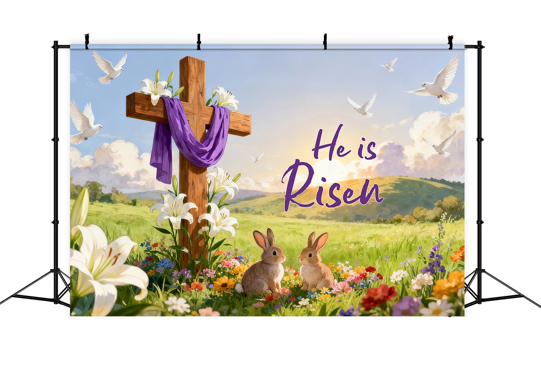 He is Risen Backdrop Resurrection Cross Meadow Bunnies Religious Easter Backdrops LXX512-136