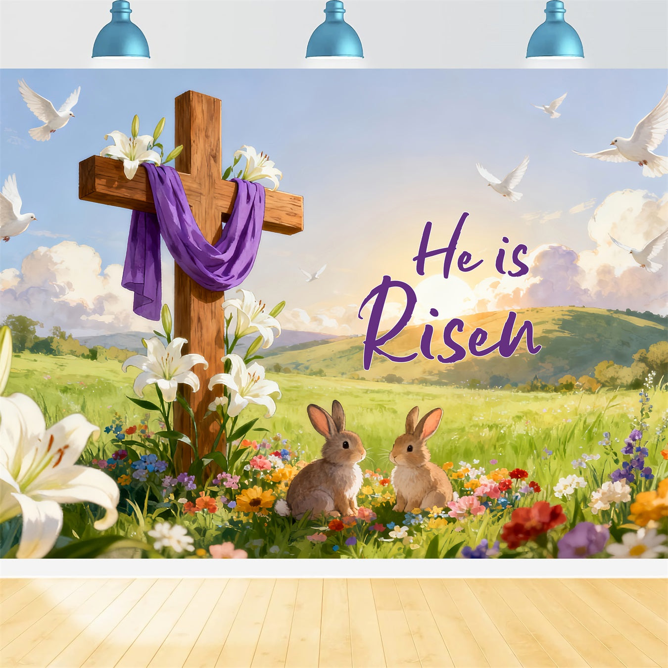 He is Risen Backdrop Resurrection Cross Meadow Bunnies Religious Easter Backdrops LXX512-136