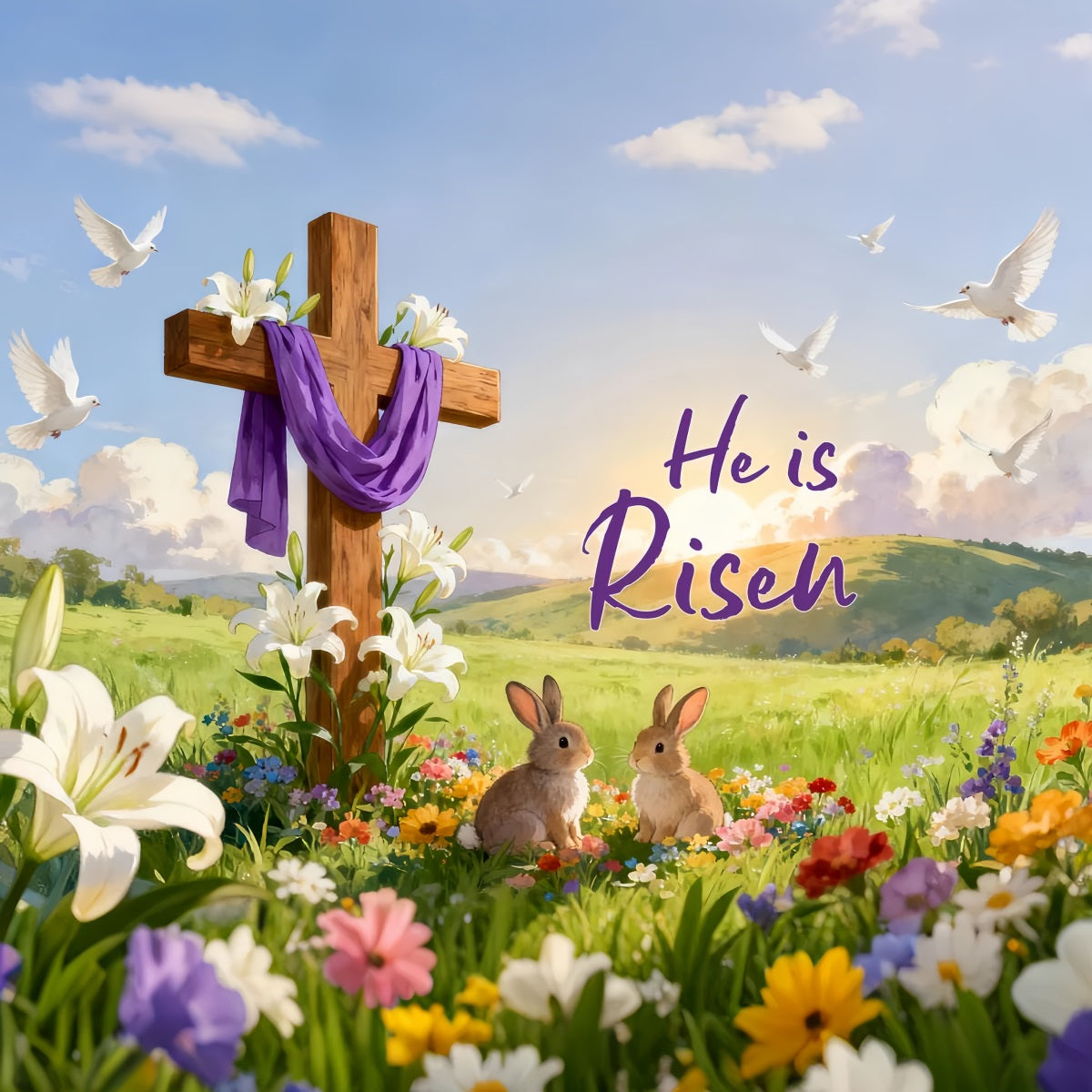 He is Risen Backdrop Resurrection Cross Meadow Bunnies Religious Easter Backdrops LXX512-136