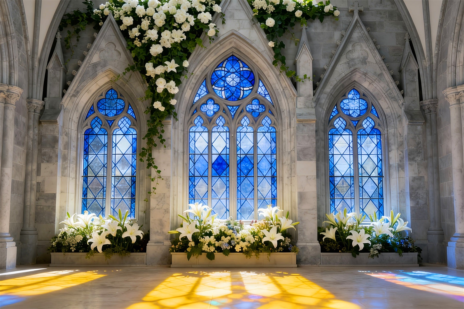 Church Easter Backdrop Gothic Blue Window Lily Light Stained Glass Backdrop LXX512-137