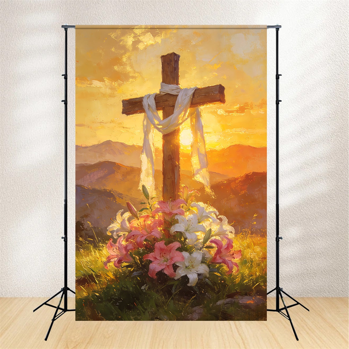 Religious Easter Backdrops Golden Floral Cross Sunrise Church Easter Backdrop LXX512-138