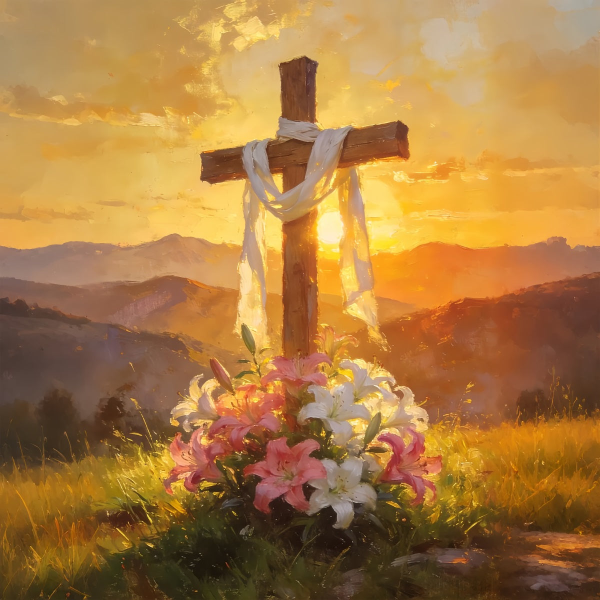 Religious Easter Backdrops Golden Floral Cross Sunrise Church Easter Backdrop LXX512-138