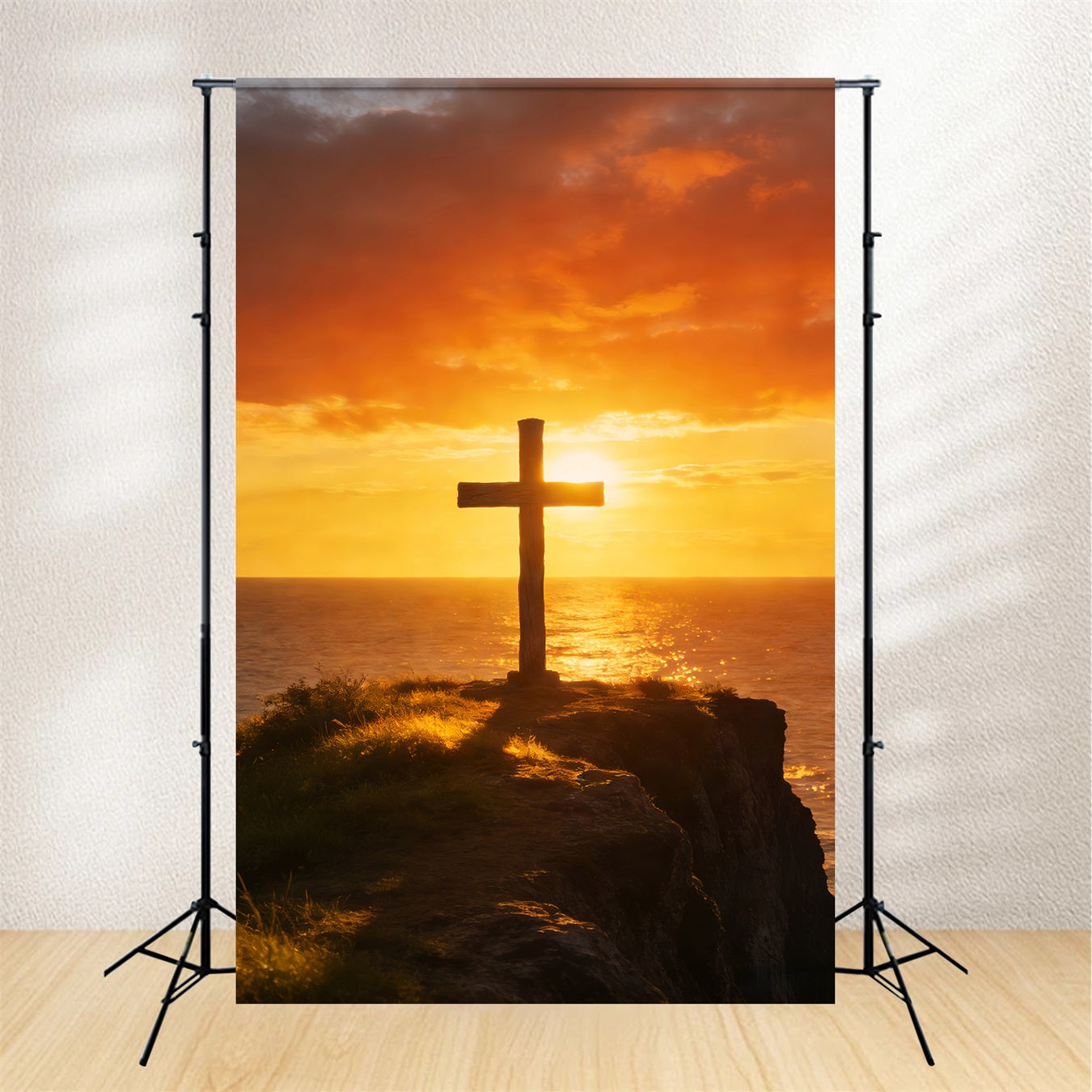 Cross Backdrop Ocean Horizon Sunset Glow Easter Backdrops For Church LXX512-139