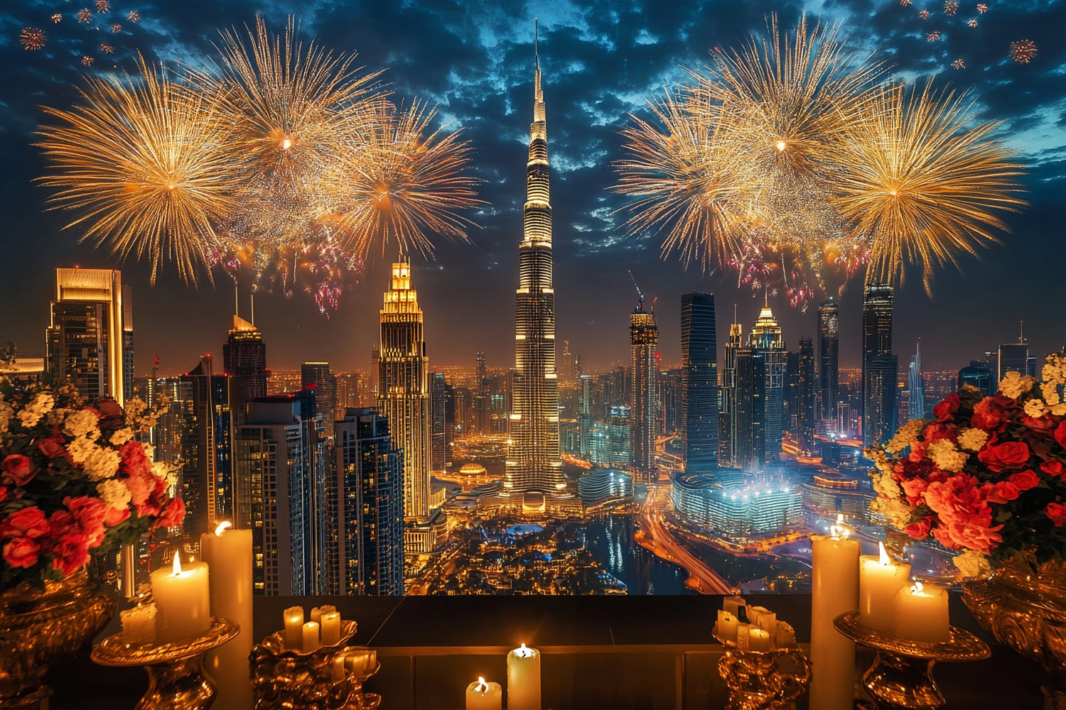 Happy New Year Backdrop Luxury City Skyline Fireworks City Night Backdrop LXX512-14