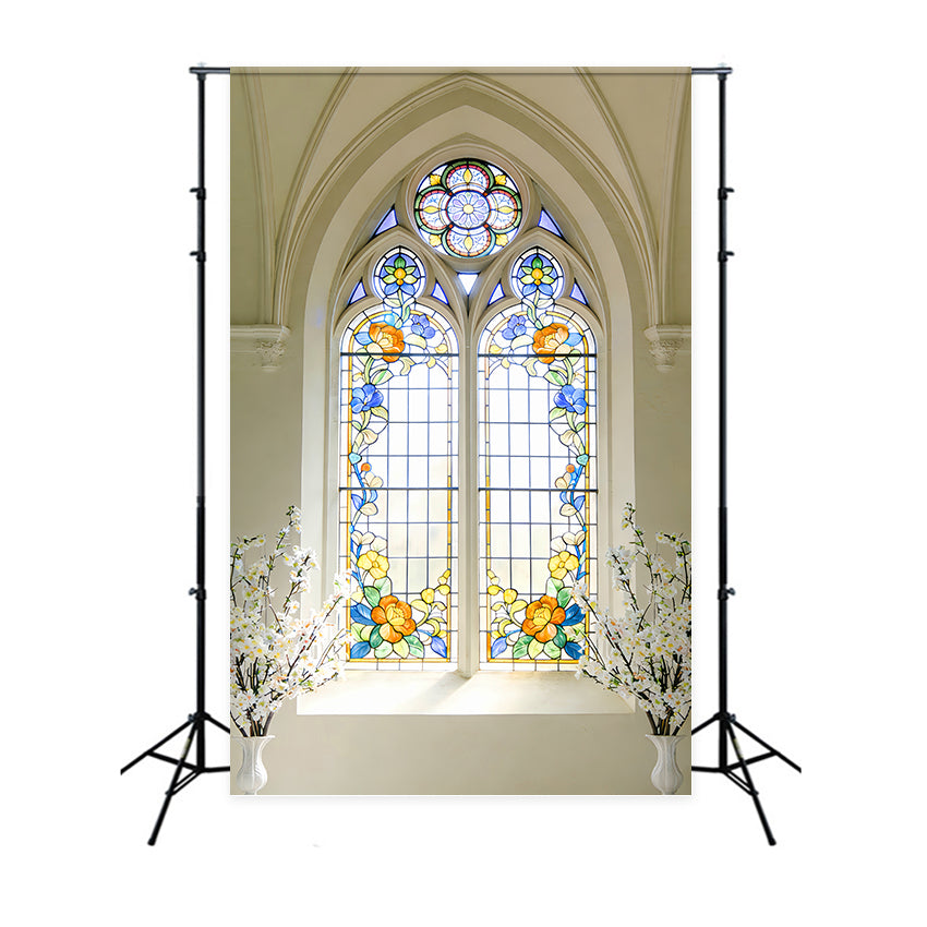 Stained Glass Backdrop Cathedral Daisies Arch Window Church Easter Backdrop LXX512-141