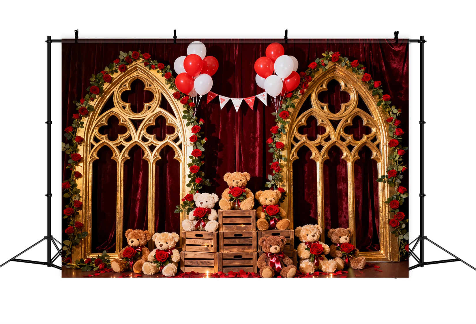 Romantic Backdrop Crimson Rose Balloon Teddy Floral Arch Valentine Backdrop LXX512-142