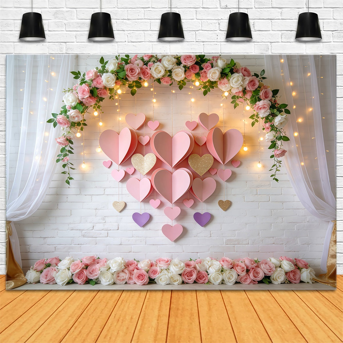 Valentine's Day Backdrop Blush Floral Arch Lights Love Backdrops LXX512-144