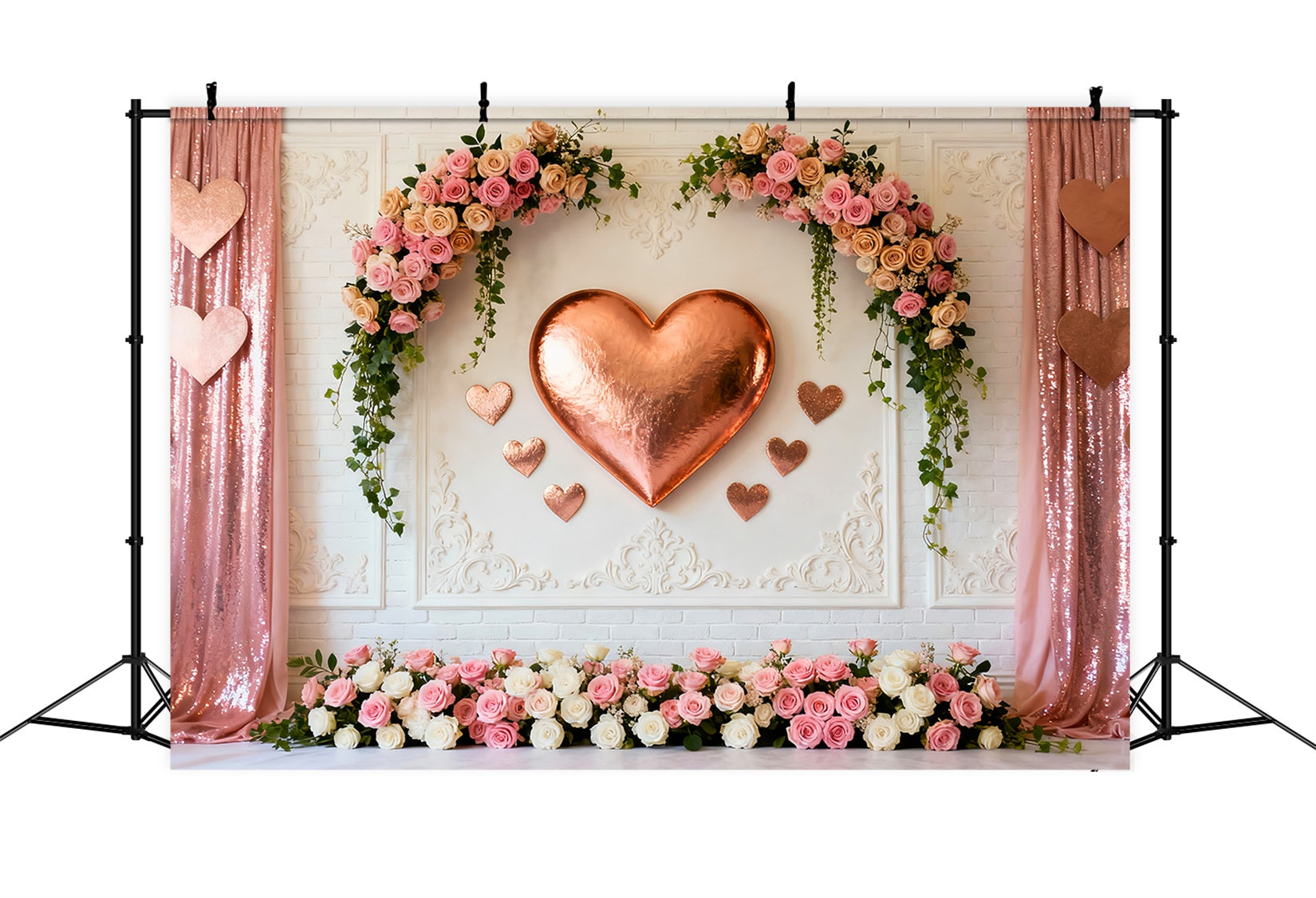 Pink Heart Backdrop Rose Gold Heart Flower Wall Valentine's Day Backdrop LXX512-147