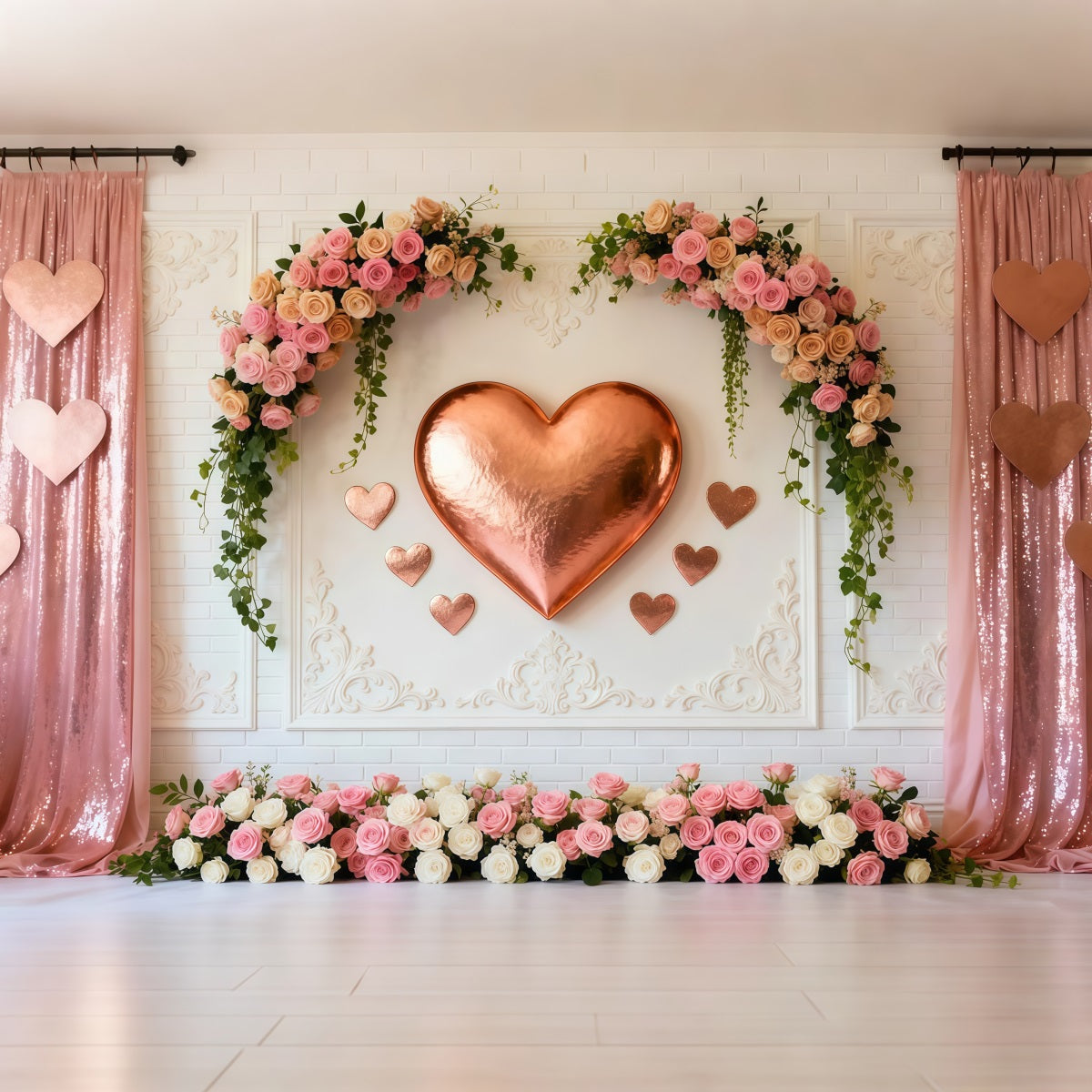 Pink Heart Backdrop Rose Gold Heart Flower Wall Valentine's Day Backdrop LXX512-147