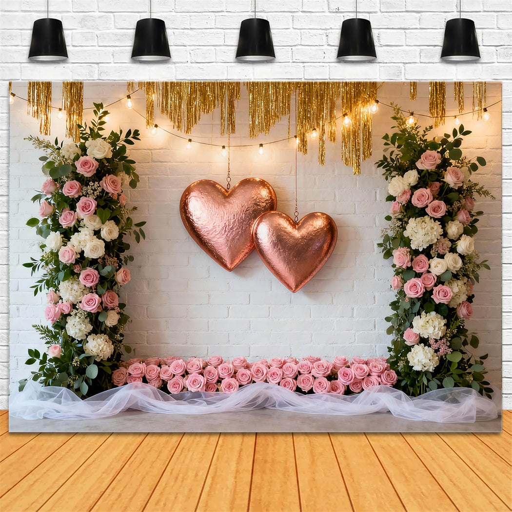 Wreath Valentine Backdrop Blush Rose Twin Heart Frame Romantic Backdrop LXX512-149