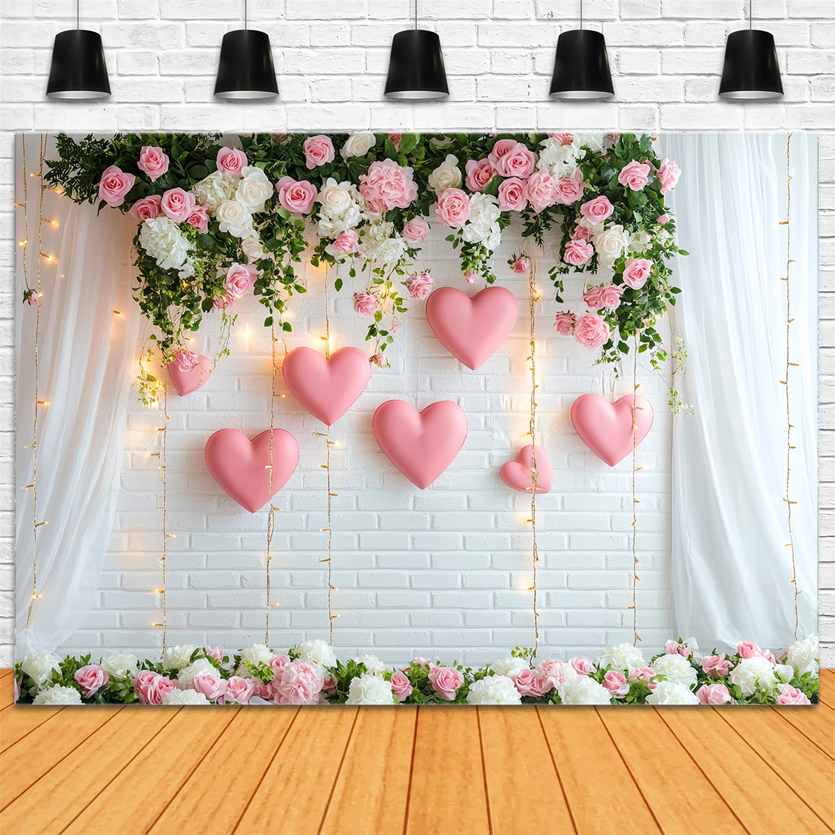 Romantic Backdrop Flower Heart Hanging Lights Wreath Valentine Backdrop LXX512-150