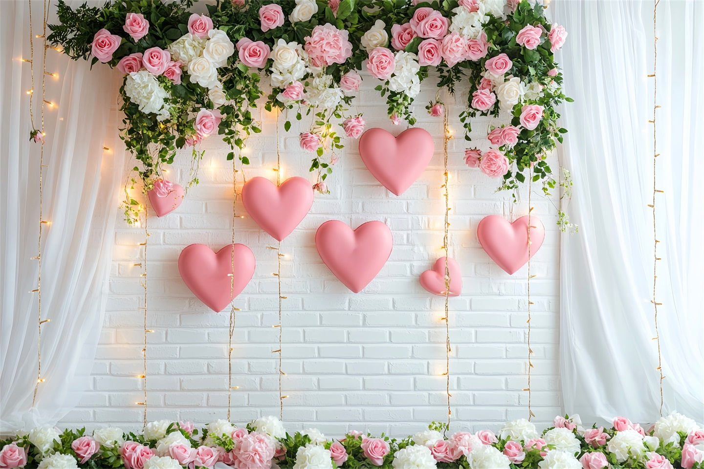 Romantic Backdrop Flower Heart Hanging Lights Wreath Valentine Backdrop LXX512-150