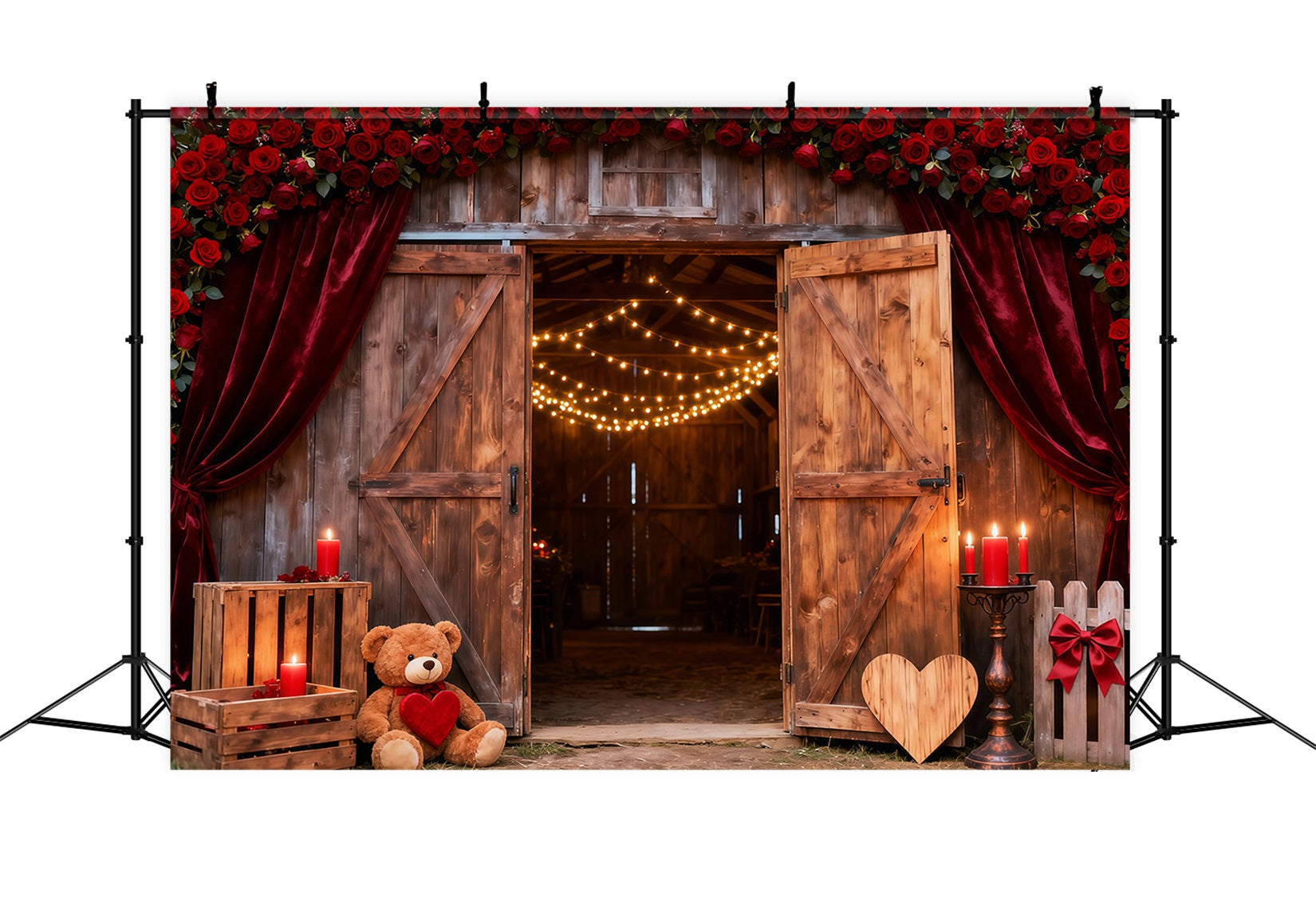 Floral Arch Valentine Backdrop Rustic Rose Barn Doors Glow Love Backdrops LXX512-154