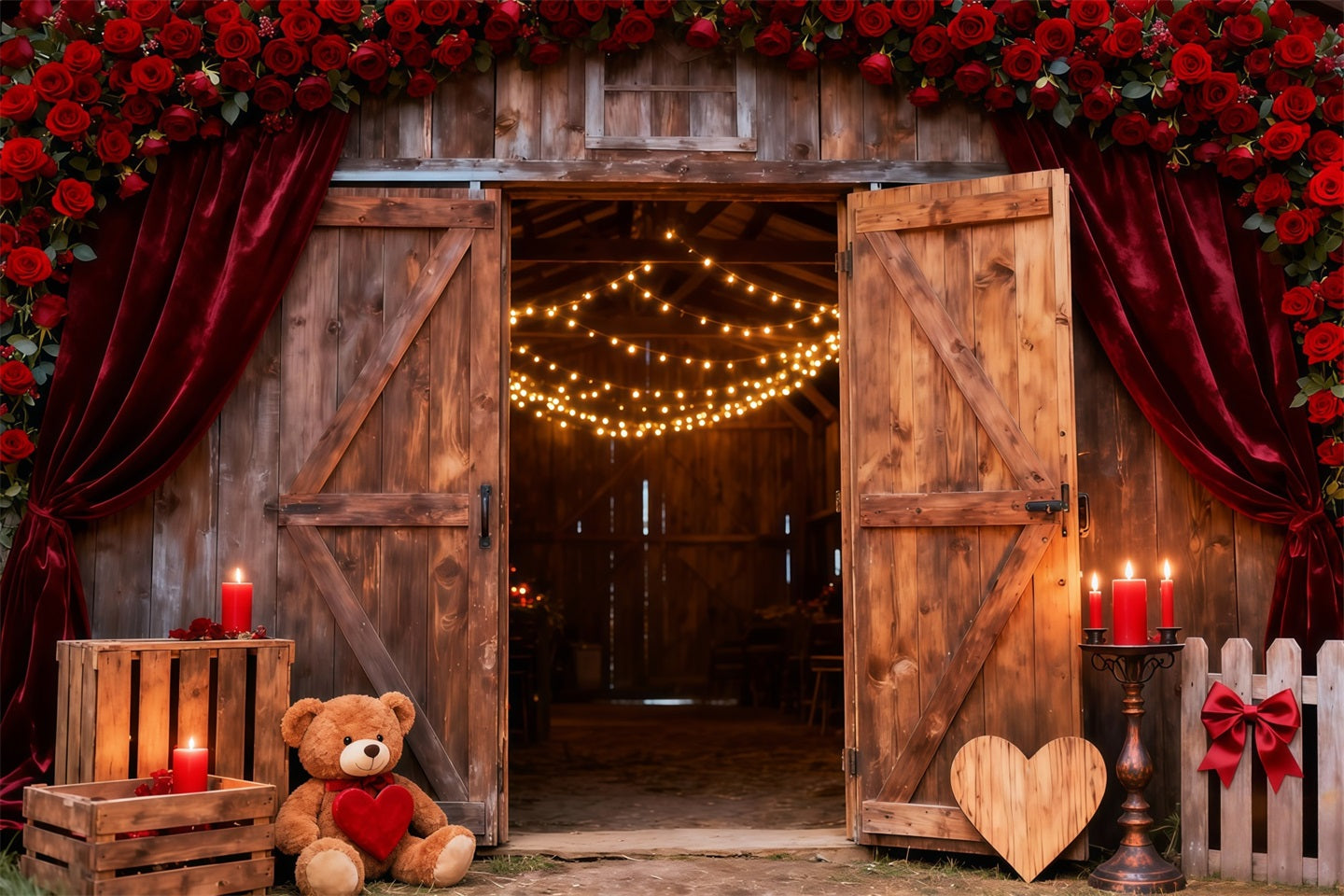 Floral Arch Valentine Backdrop Rustic Rose Barn Doors Glow Love Backdrops LXX512-154