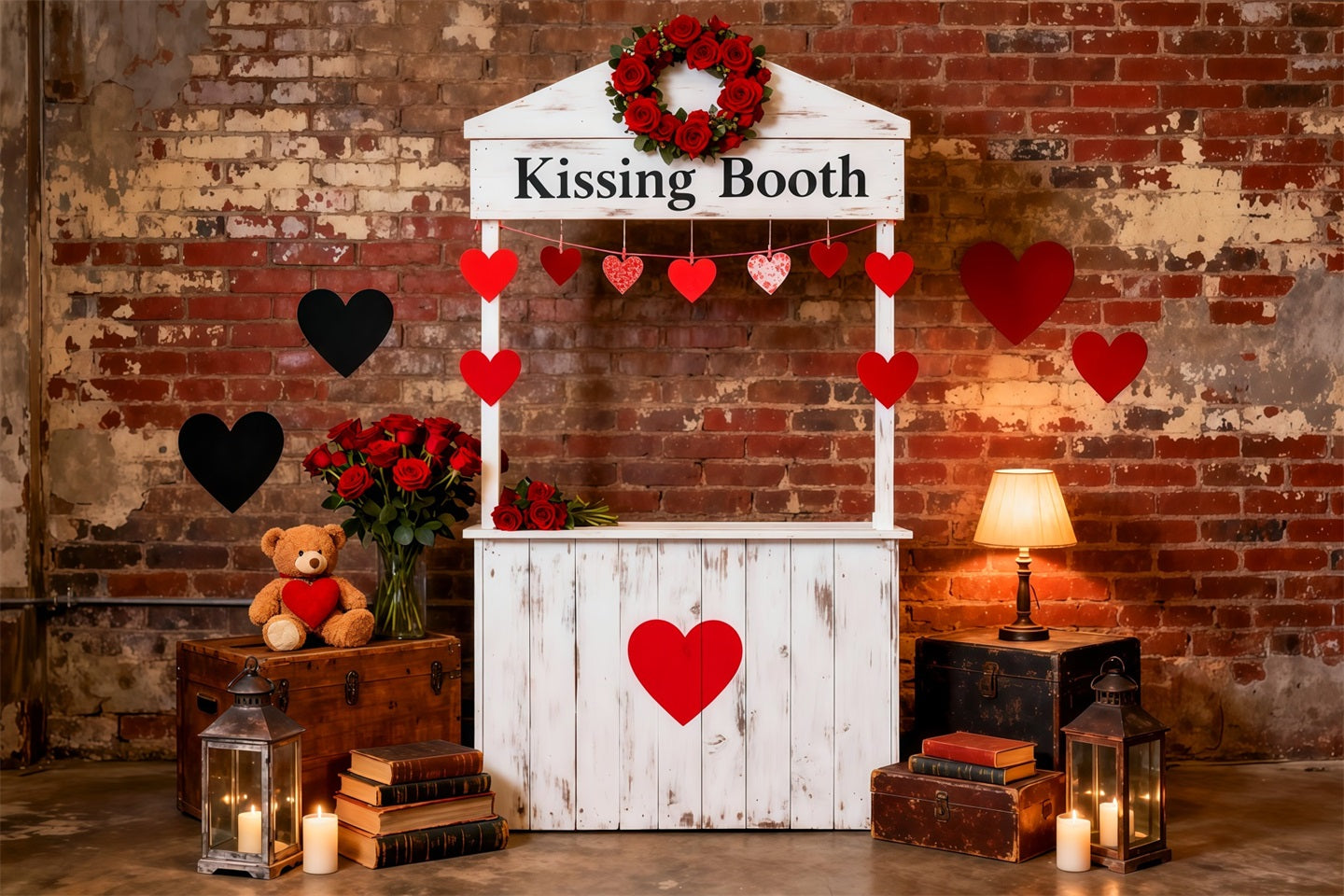 Heart Garland Backdrop Kissing Booth Brick Charm Valentine Photo Backdrop LXX512-156