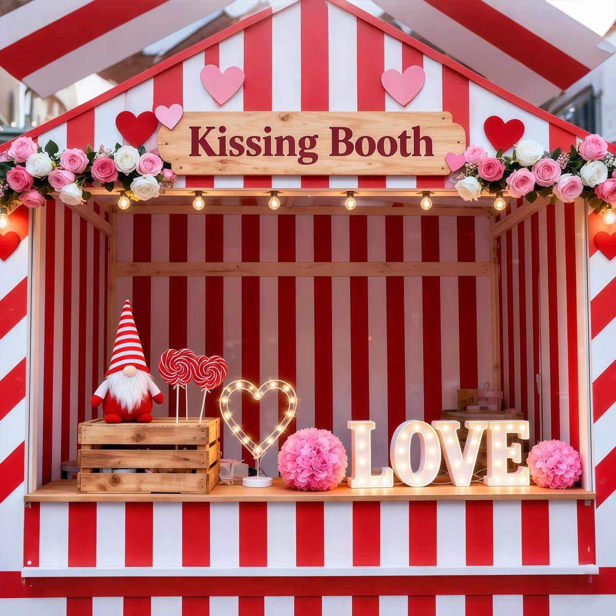 Valentine's Day Backdrop Candy Stripe Kissing Booth Love Love Backdrop LXX512-157