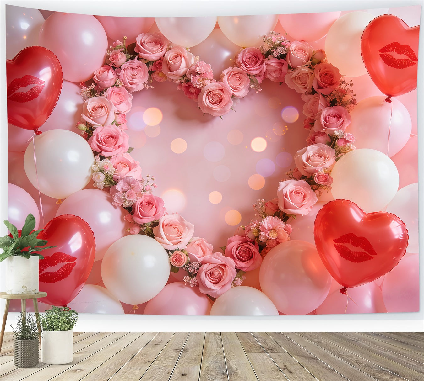 Heart Balloon Backdrop Blush Rose Heart Wreath Valentine Backdrop LXX512-159