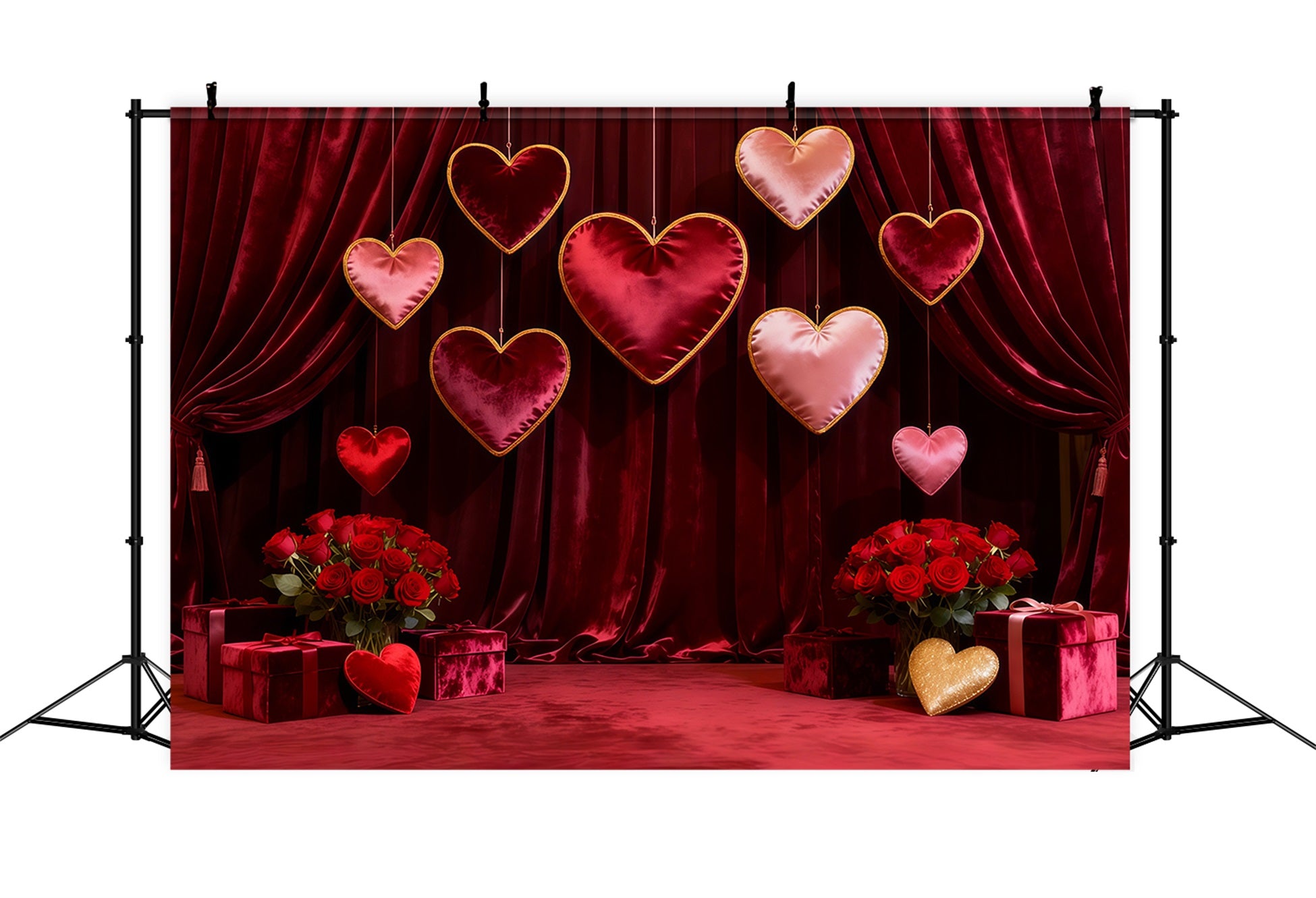 Valentine Photo Backdrop Velvet Draped Hanging Hearts Red Rose Backdrop LXX512-161