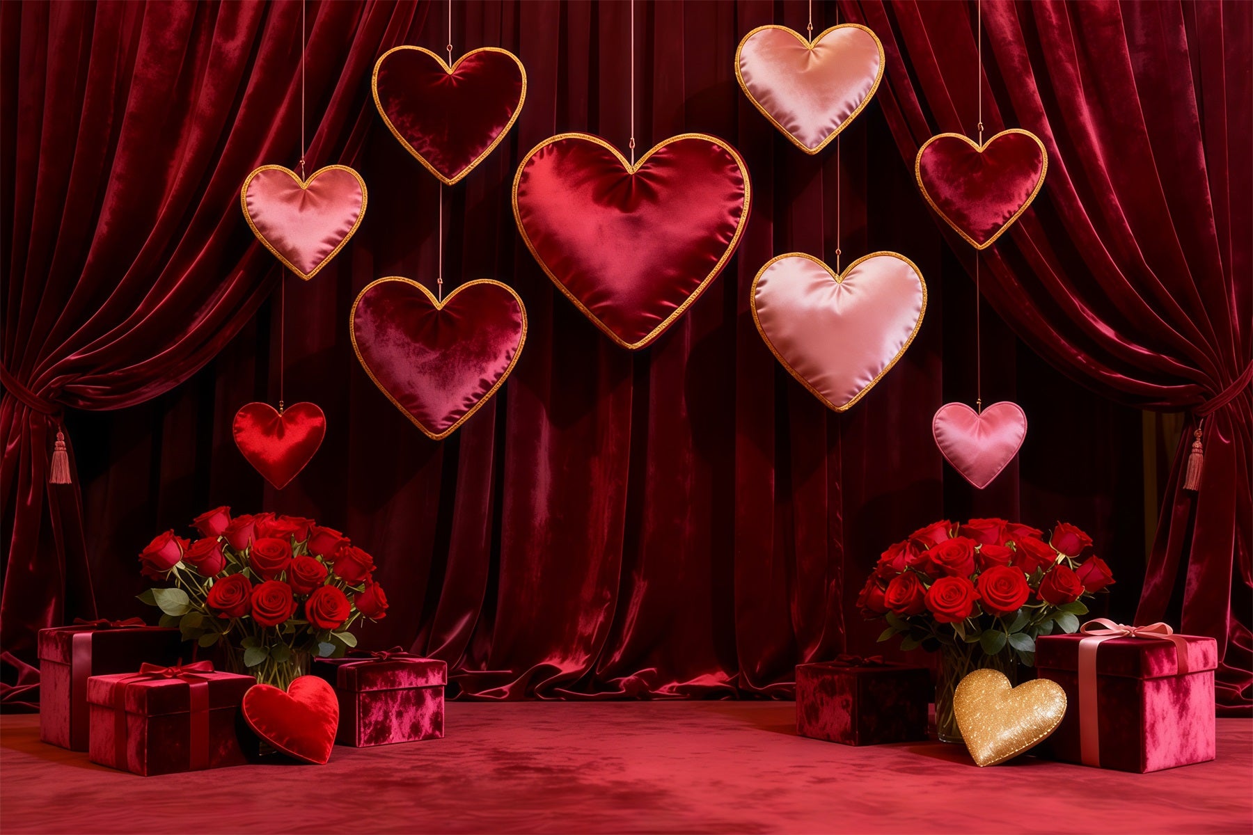 Valentine Photo Backdrop Velvet Draped Hanging Hearts Red Rose Backdrop LXX512-161