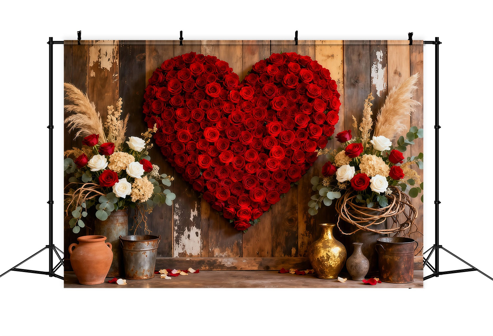 Heart Flower Backdrop Wood Doorway Red Rose Valentine's Day Backdrop LXX512-165