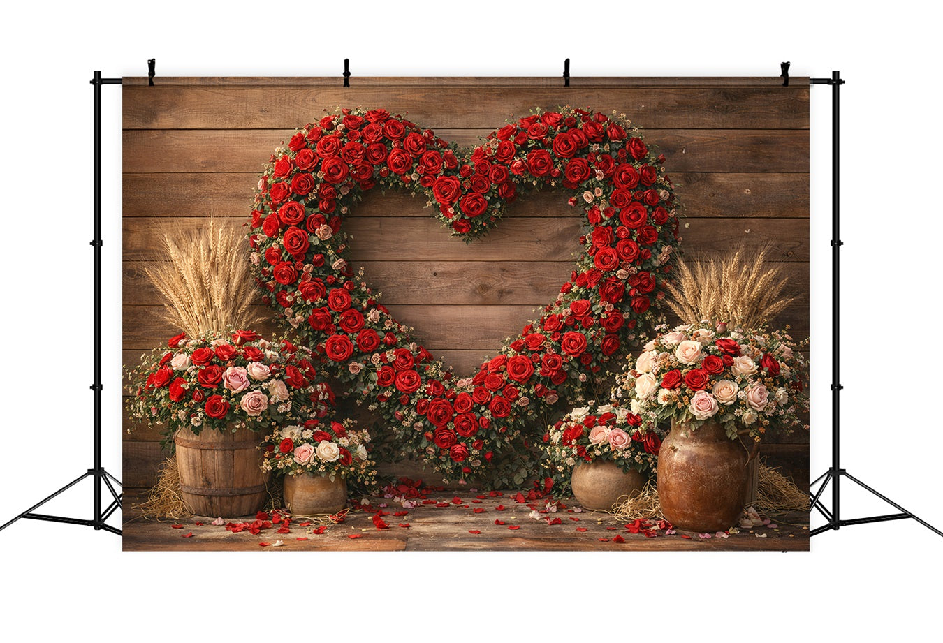 Valentine's Day Backdrop Rustic Rose Heart Barn Wall Heart Flower Backdrop LXX512-166