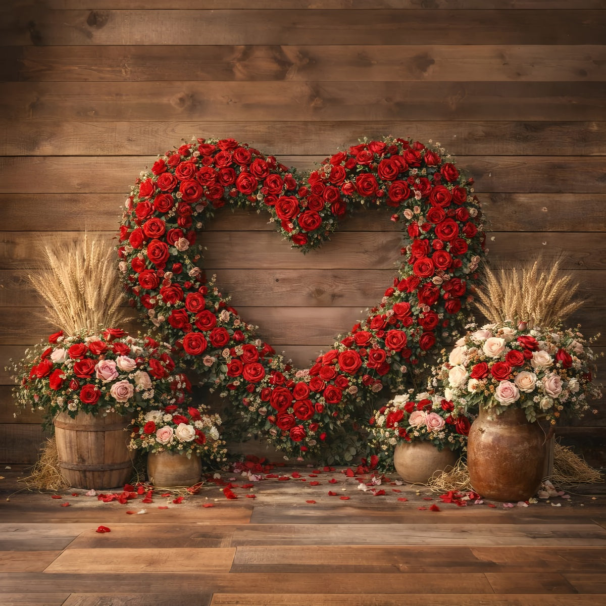 Valentine's Day Backdrop Rustic Rose Heart Barn Wall Heart Flower Backdrop LXX512-166