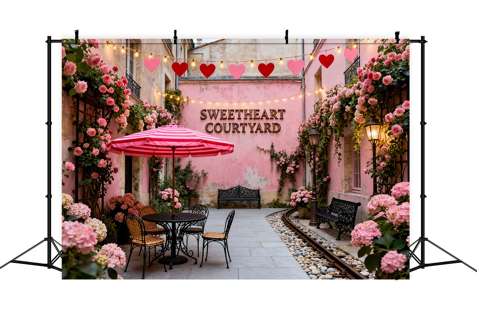 Wreath Valentine Backdrop Sweetheart Pink Courtyard Café Romantic Backdrop LXX512-167