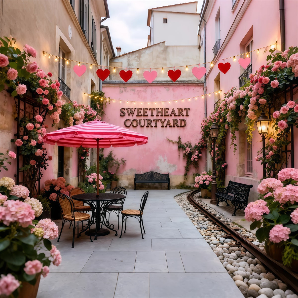 Wreath Valentine Backdrop Sweetheart Pink Courtyard Café Romantic Backdrop LXX512-167