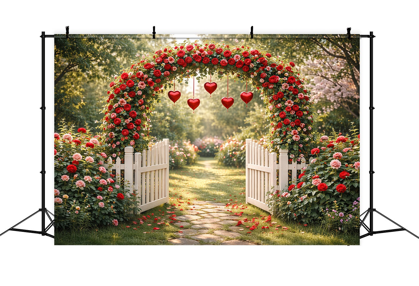 Romantic Backdrop Garden Rose Heart Gate Floral Arch Valentine Backdrop LXX512-170